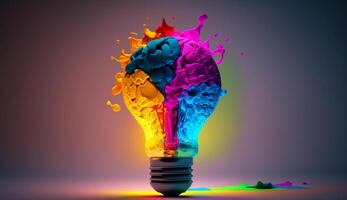 a colorful glowing 3d idea bulb lamp visualization of brainstorming, bright idea and creative thinking, photo