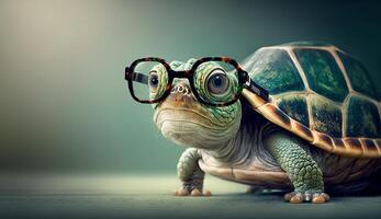 Cute little green turtle with glasses in front of studio background. photo