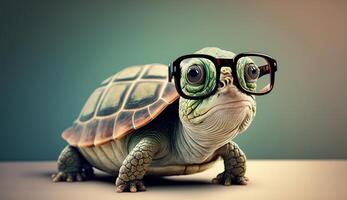 Cute little green turtle with glasses in front of studio background. photo