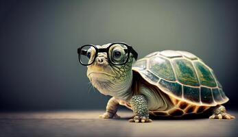 Cute little green turtle with glasses in front of studio background. photo