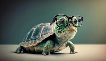 Cute little green turtle with glasses in front of studio background. photo