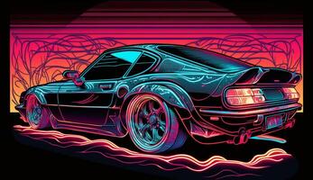 Cyberpunk Futuristic retro wave synth wave car, Retro sports car with neon backlight contours, photo