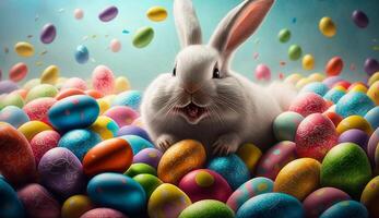 Happy Easter Bunny with many colorful easter eggs. . photo