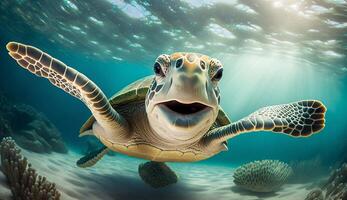 Portrait of a happy sea turtle swimming underwater. photo