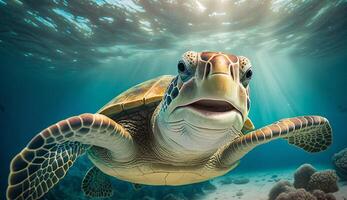 retrato de un contento mar Tortuga nadando submarino. generativo ai foto