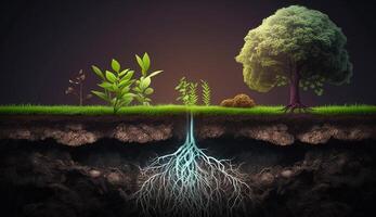 Plants growing on the surface and roots underground, earth section concept, illustration photo