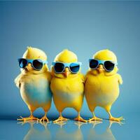 three yellow chicks with blue sunglasses bang, studio blue background. easter concept, photo