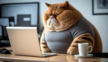 A fat cat is sitting at the office table in front of a computer. Sedentary lifestyle concept, photo