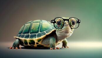 Cute little green turtle with glasses in front of studio background. photo