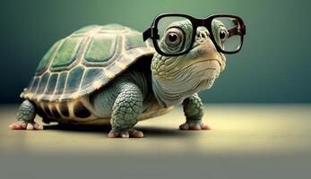 Cute little green turtle with glasses in front of studio background. photo