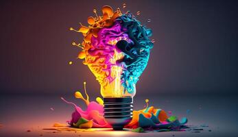 a colorful glowing 3d idea bulb lamp visualization of brainstorming, bright idea and creative thinking, generative ai photo