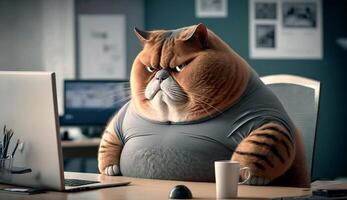 A fat cat is sitting at the office table in front of a computer. Sedentary lifestyle concept, photo