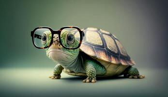 Cute little green turtle with glasses in front of studio background. photo