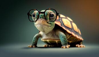 Cute little green turtle with glasses in front of studio background. photo