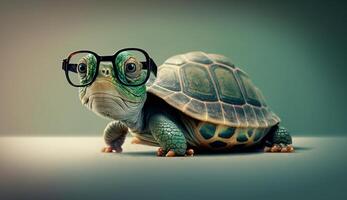 Cute little green turtle with glasses in front of studio background. photo