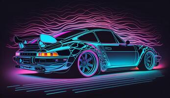 cyberpunk futurista retro ola sintetizador ola auto, retro Deportes coche con neón iluminar desde el fondo contornos, generativo ai foto