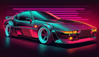 Cyberpunk Futuristic retro wave synth wave car, Retro sports car with neon backlight contours, photo