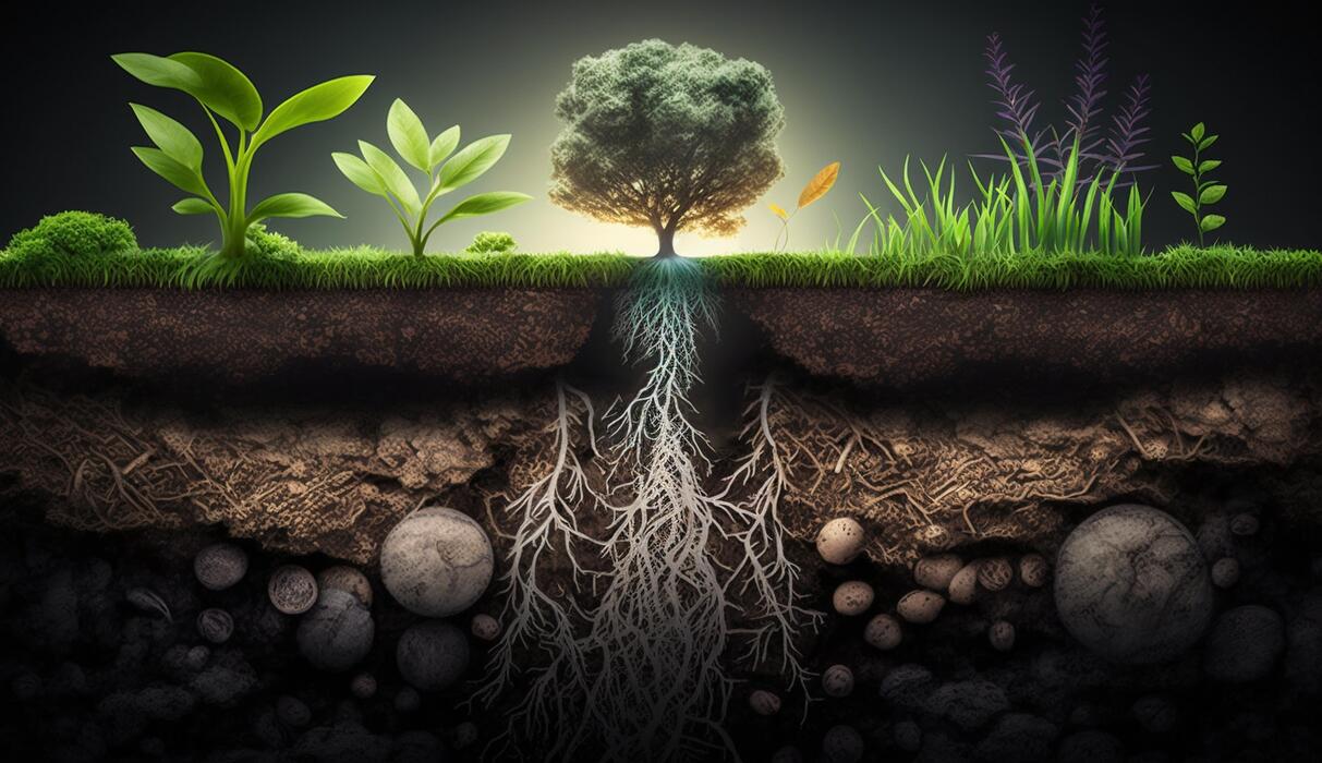 Roots Underground Stock Photos - Plants Growing On The Surface And Roots Underground Earth Section Concept Generative Ai Illustration Photo 