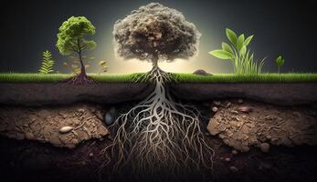 Plants growing on the surface and roots underground, earth section concept, illustration photo