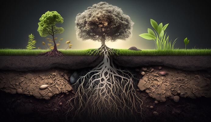 Roots Underground Stock Photos - Plants Growing On The Surface And Roots Underground Earth Section Concept Generative Ai Illustration Photo