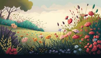 Illustration of a flower meadow in spring. . photo