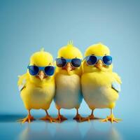 Tres amarillo polluelos con azul Gafas de sol estallido, estudio azul antecedentes. Pascua de Resurrección concepto, generativo ai foto