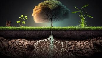 Plants growing on the surface and roots underground, earth section concept, illustration photo