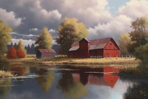 un pintura de rojo graneros por el lago. ai generado foto