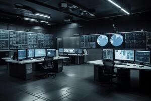 Empty interior of big modern security system control room workstation with multiple displays monitoring room with at security data center empty office desk and chairs. photo