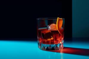 Popular cocktail negroni with gin and vermouth on blue background with shadow negroni cocktail on coloured background in trendy style contemporary concept with alcohol beverage. photo