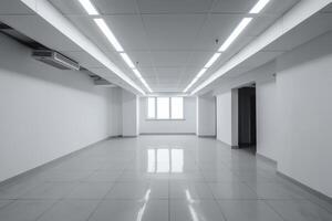 Empty room with white walls and lights in ceiling. photo