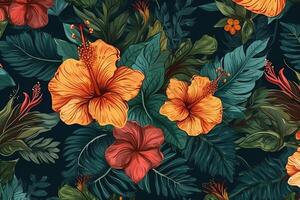 Hibiscus pattern with lush vegetation perfect exotic backdrops. photo