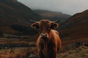 escocés vaca en el montañas. ai generado foto