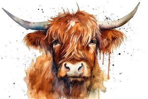 Scottish highland cow head handdrawn watercolor illustration year of the ox 2021. photo