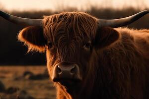 retrato de un marrón escocés tierras altas vacas vaca con largo cuernos en naturaleza. ai generado foto