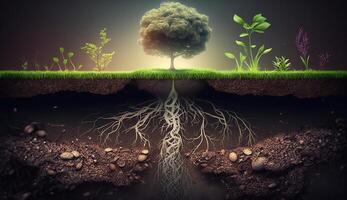 Plants growing on the surface and roots underground, earth section concept, illustration photo