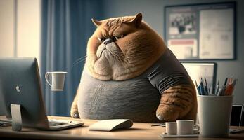 A fat cat is sitting at the office table in front of a computer. Sedentary lifestyle concept, photo