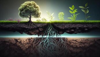 Plants growing on the surface and roots underground, earth section concept, illustration photo