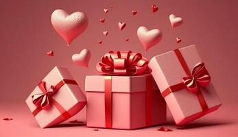 valentine's day. background with realistic festive gifts box. romantic present. pink boxes with red ribbon gift surprise. photo