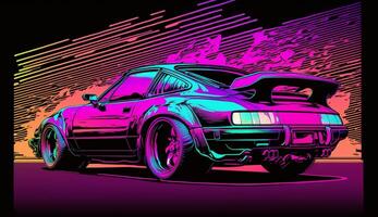 cyberpunk futurista retro ola sintetizador ola auto, retro Deportes coche con neón iluminar desde el fondo contornos, generativo ai foto