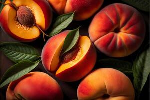 Ripe peaches with leaves on a dark background. Top view, close up, illustration. photo