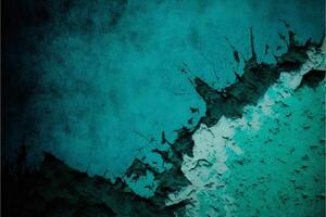 Broken wall with peeling teal paint. Abstract background in grunge style. illustration. photo