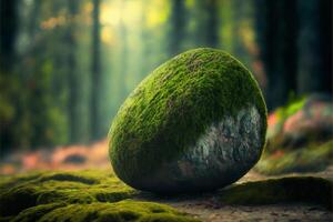 A large moss-covered rock on a blurred background of the forest. illustration. photo