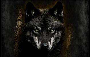 A black wolf staring out of the darkness with haze and golden sparks. illustration. photo