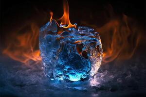 A piece of ice melts among the fire. illustration. photo