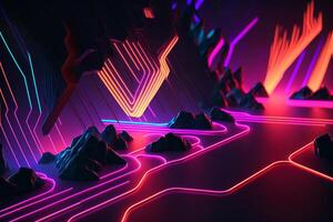 An abstract cyberpunk cave decorated with neon lights. illustration. photo