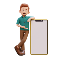 3d male character laying and presenting on a big smart phone with empty screen png