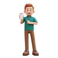 3d masculino personagem segurando e apontando para uma inteligente telefone com esvaziar tela png