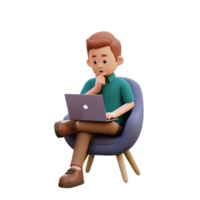 3d männlich Charakter Sitzung auf ein Sofa und Arbeiten auf ein Laptop mit Denken Pose png