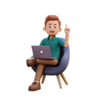 3d male character get an idea while sitting on a sofa and working on a laptop png